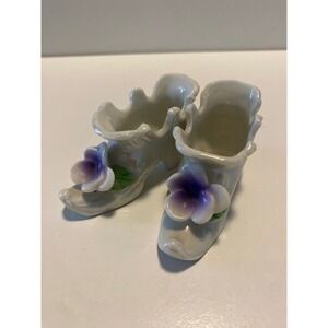 Ceramic Shoe Figurines with Violet Flowers,‎ Iridescent Glaze, Decorative Pair